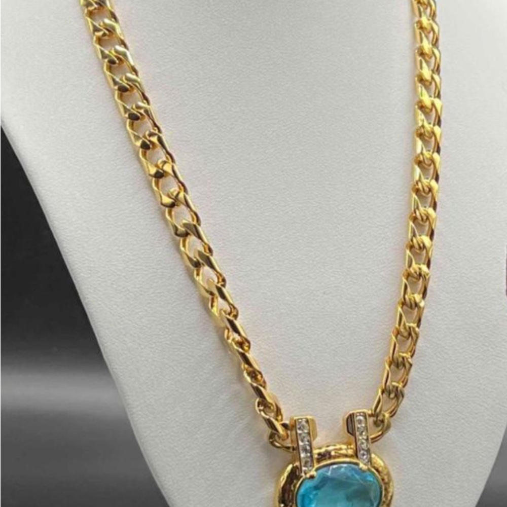 Monet Gold Toned Necklace Blue And Clear Rhyme stones Vintage  15” long